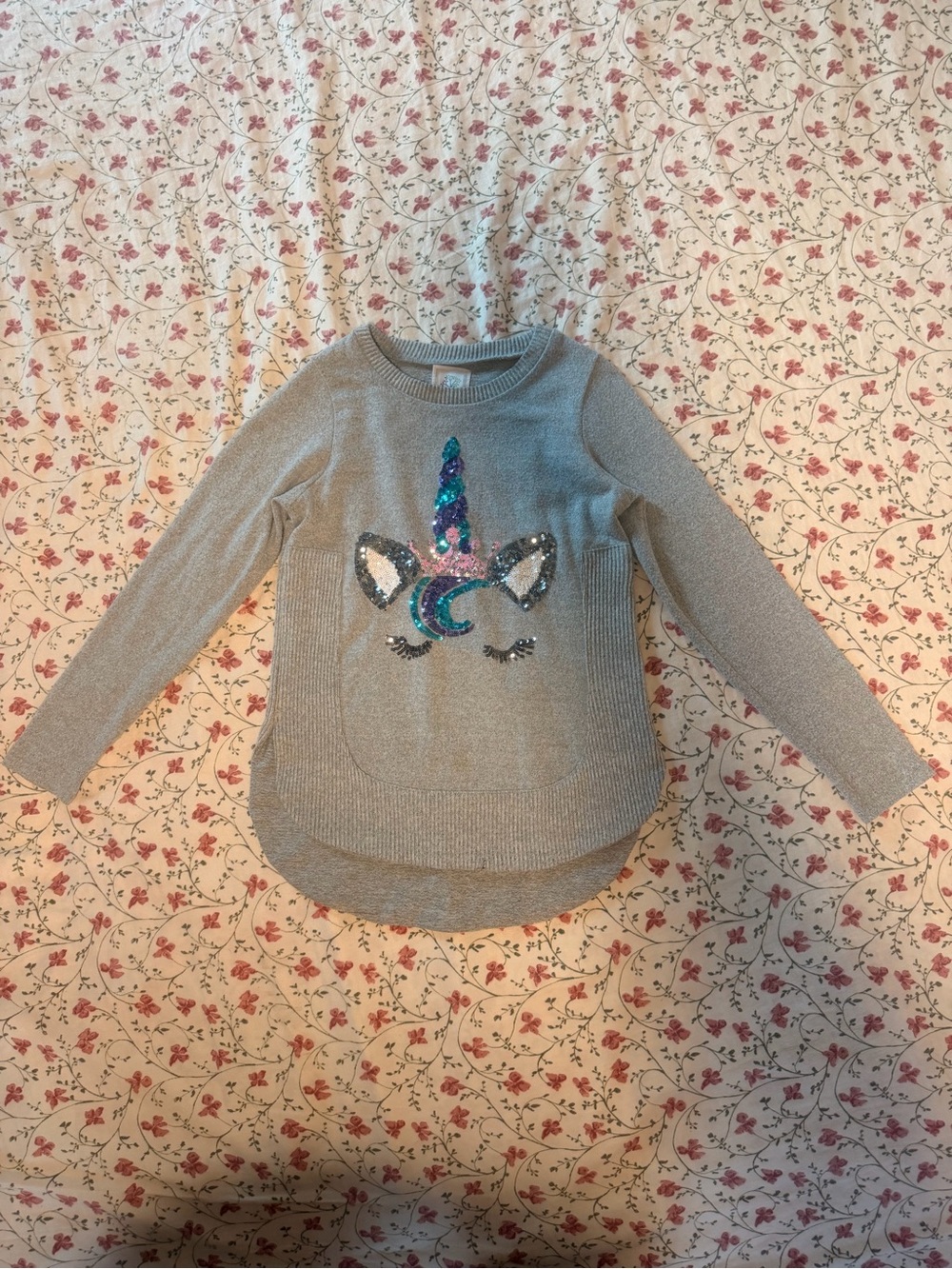 Girls' Gray Sequin Unicorn Pullover Sweater